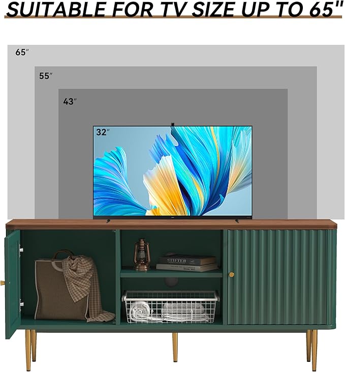 ARTPOWER 55” Fluted TV Stand, Mid Century Modern Green TV Stand for 55/60/65 inch TV, Entertainment Center with Storage, Television Stands, TV Console, Media Console for Living Room, Bedroom (Green)