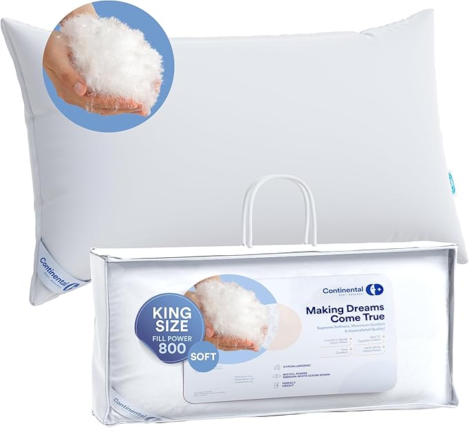 Continental Bedding 100% Siberian Goose Down Pillow 800 Fill Power, Soft, King, White