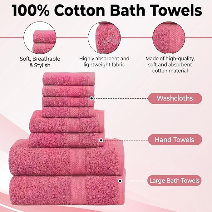 Pack of 8 Towels Set, 2 Large Bath Towels, 2 Hand Towels, 4 Wash Cloths, 100% Cotton, Lighter Weight, Quicker to Dry, Super Absorbent, Perfect for Bathroom (Pink)
