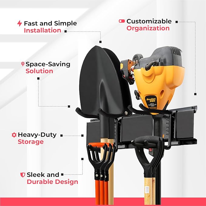 Garage Wall Organizer | 48" Heavy-Duty Tool Storage Rack | Adjustable Double-Layer Hooks | 300 lbs Capacity | Carbon Steel Wall Mount Holder for Shovels, Rakes, Ladders & Power Tools