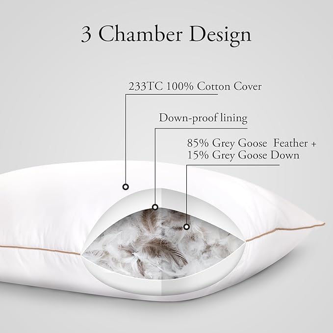 Deodar Bed Pillows Goose Feather Down Pillows Standard Set of 2 - Made in USA Hotel Pillow for Sleeping Soft Fluffy Pillow for Back Side Stomach Sleepers 20" x 26"