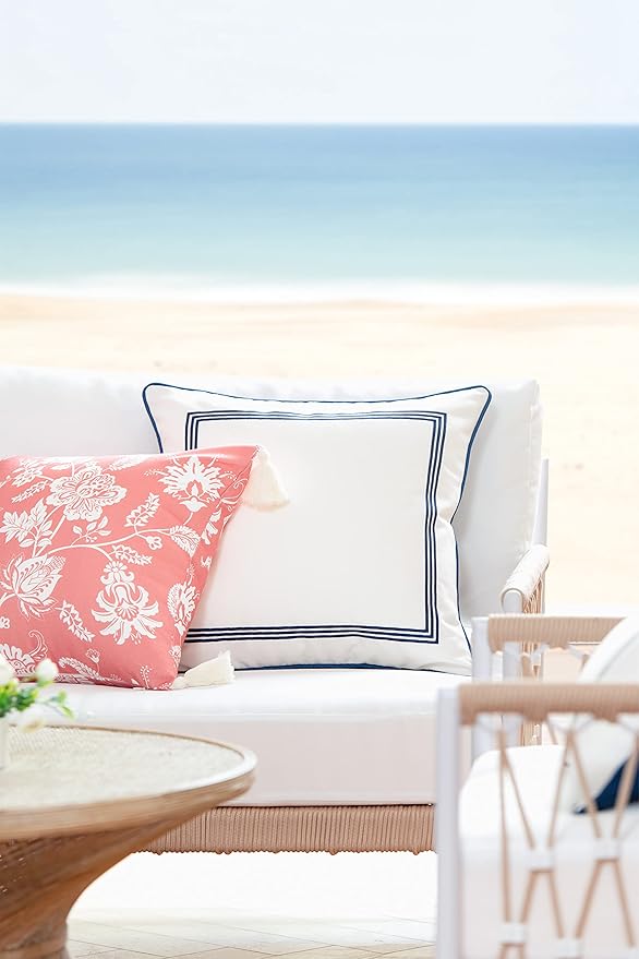 Hofdeco Premium Coastal Hampton Style Patio Indoor Outdoor Pillow Cover Only, 20"x20" Water Resistant for Backyard, Couch, Navy Blue Embroidered Square Line