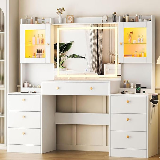 63" Makeup Vanity Desk with Mirror and Lights, Glass Top Makeup Vanity with Power Outlet, 3 Lighting Colors, 7 Drawers, 2 Cabinets for Bedroom, White