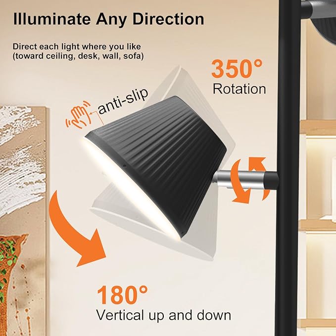 42W 4500 Lumens Super Bright LED Tree Floor Lamp for Living Rome with Remote & Touch Control, 4 Color Temperatures, Modern Stepless Dimmable 3 Rotatable Light Standing Floor Lamps for Bedroom, Black