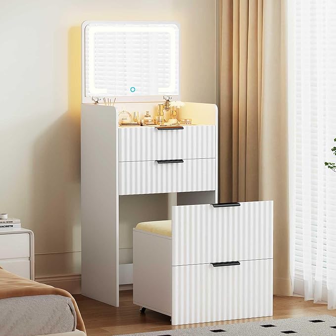 LED 3 in 1 Vanity Desk with Flip Top Mirror, Small Makeup Table with Glass Desktop, Compact Dressing Table with Storage and Cushioned Stool with Wheels, 3 Drawers, for Bedroom White