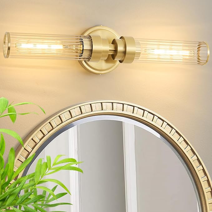 Bathroom Light Fixtures, Gold Wall Sconce in Threaded Glass Indoor Vanity Lights, Modern Bathroom Vanity Light Up and Down Sconces Wall Lighting for Bathroom, Living Room - Bulb Not Included