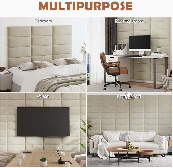 IFNOW Upholstered Wall Mounted Headboard, 3D Soundproof Wall Panels Peel and Stick for Queen Size, Reusable and Removable Tufted Bed Headboard in Beige (9 Panels, 10" x 24")