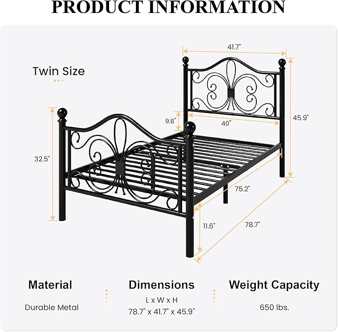 SHA CERLIN Twin Size Bed Frame for Kids,Metal Bed Frame with Butterfly Pattern Design Headboard and Footboard,No Box Spring Needed,Easy Assembly,Black