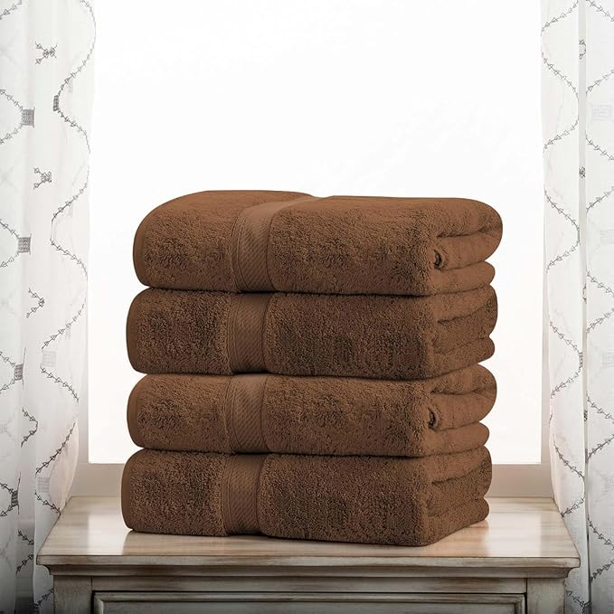 SUPERIOR Egyptian Cotton Pile Bath Towel Set of 4, Ultra Soft Luxury Towels, Thick Plush Essentials, Absorbent Heavyweight, Guest Bath, Hotel, Spa, Home Bathroom, Shower Basics, Chocolate