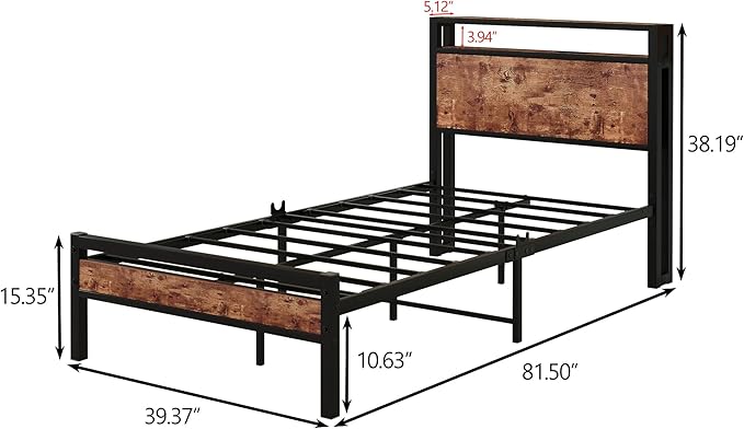 Twin Bed Frame with Storage Headboard/USB Charging Station,Single Platform Bed Frame Twin Size No Box Spring Needed,Strong Steel Slats Support,Bedroom Furniture,Rustic Brown