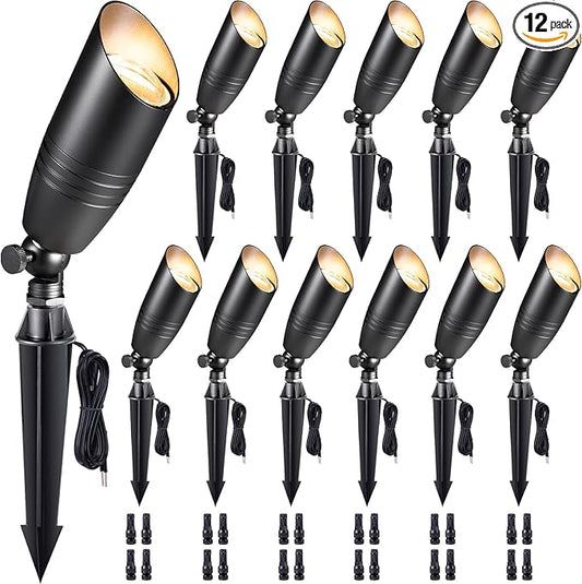 Die-Cast Brass Spot Light Outdoor - 12V LED Uplighting Waterproof, Low Voltage Landscape Lights Bright, Metal Direct Wire Black for Fence Fountain Without MR16 Bulbs (12 Pack)
