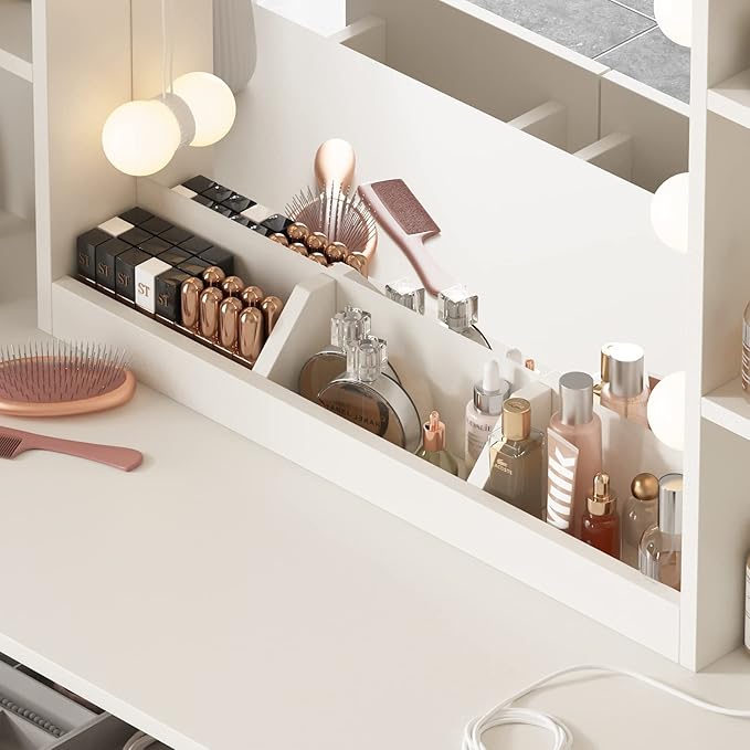 Vabches Vanity Desk with Lighted Mirror, Large Makeup Vanity Table Set with Bench & Cabinets, 45.2inch (W), White