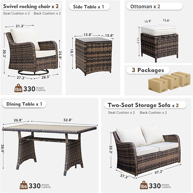 7 Pieces Outdoor Patio Furniture Set, Wicker Patio Conversation Set with Swivel Chairs, Patio Sectional Furniture Set with Loveseat, 2 Ottomans and Dining Table (Brown)