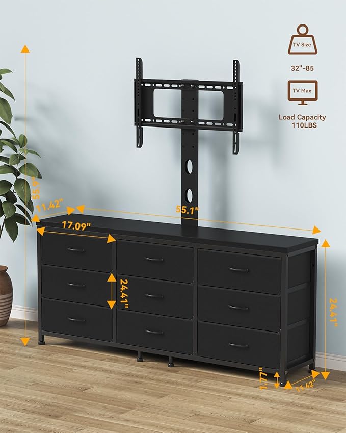 TV Stand with Mount for 32/55/65/75/85 inch TVs, Entertainment Center with 9 Fabric Drawers Dresser Storage, Height Adjustable Media Console