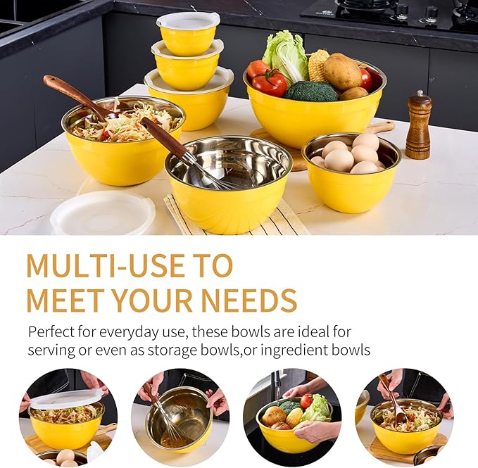 Yellow Mixing Bowls With Airtight Lids,Stainless Steel Bowl,Salad Bowls 7 Piece Colorful Nesting Bowl Yellow Kitchen Accessories,Size 7,3.6,2.7,2.1,1.5,1.1,0.8QT Stackable Design