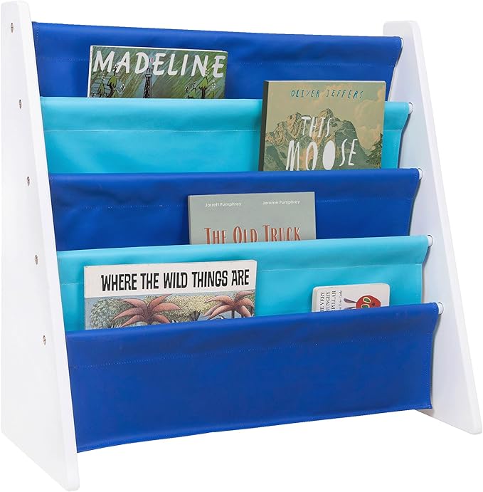 Wildkin Vegan Leather Sling Bookshelf for Kids – Premium Easy Clean Sling Canvas Design with 4 Fabric Shelves, Organizer for Home or Classroom - White w/Multi-Blue