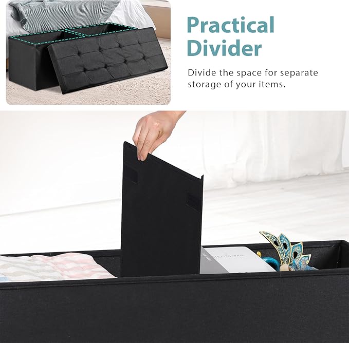 SUPER DEAL 43 Inches Storage Ottoman Bench, Folding Footrest with Padded Seat Sotrage Chest Long Box for Livingroom Bedroom Entryway, 660 lbs Capacity 15" x 43" x 15", Black