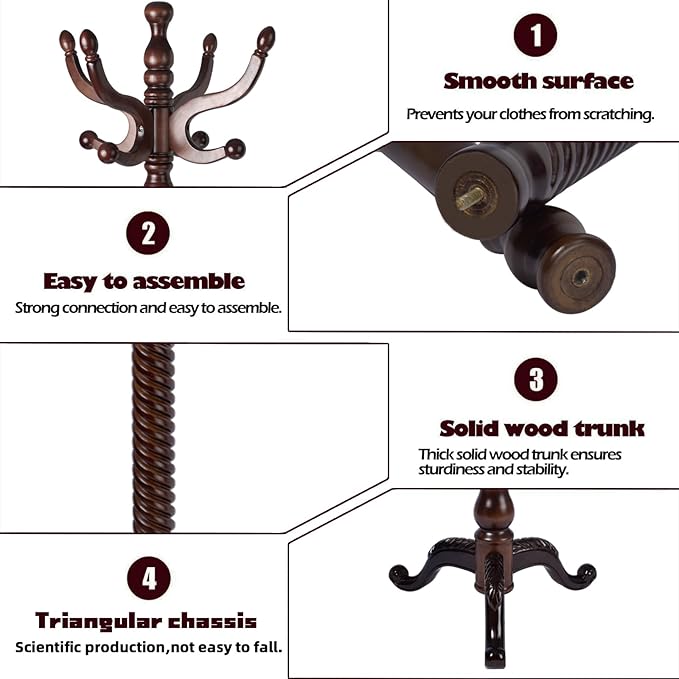 Coat Racks Free Standing with 14 Hooks, Natural Wood Coat Stands for Entryway, Adjustable Height 73 in Tree Coat Rack Stand for Hallway Home Office Bedroom (Dark Brown Triangle)