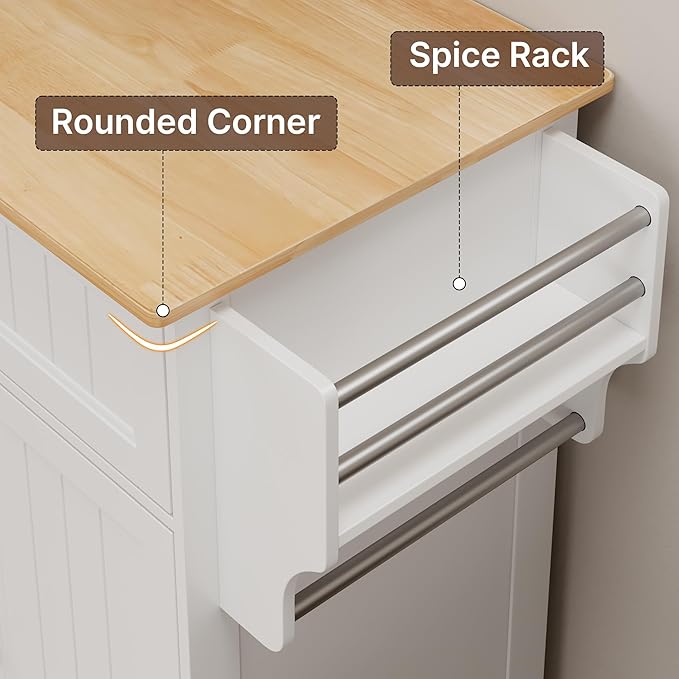 Gizoon Kitchen Island Cart with Adjustable Shelf, 33" W Mobile Trolley Cart on Metal Wheels with Drawer & Storage Cabinet, Spice Rack & Towel Rack, Wooden Countertop, for Dining Room, Bar, White