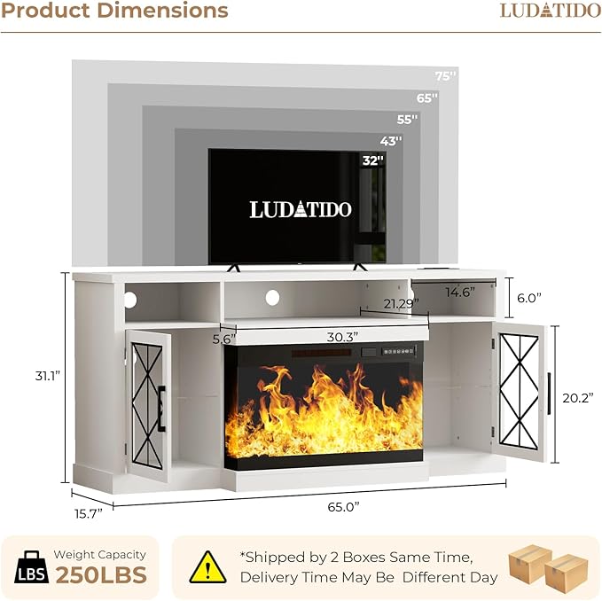 Ludatido 65 Inch FireplaceTV Stand with 3-Sided Glass Insert, Storage Cabinets & Drawers, Fits TVs up to 75", Remote & Touch Control, White Entertainment Center with USB&AC Power Interface, White