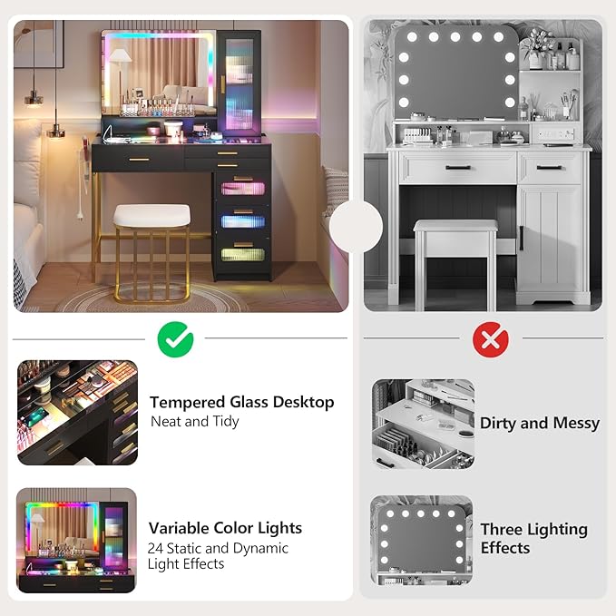 RGB Vanity Desk with Mirror and Lights, Glass Top Makeup Vanity with 6 Drawers & Wireless Charging,Vanity Table Set with RGB Cabinet Light and Jewelry Box, for Girls Bedroom,Black