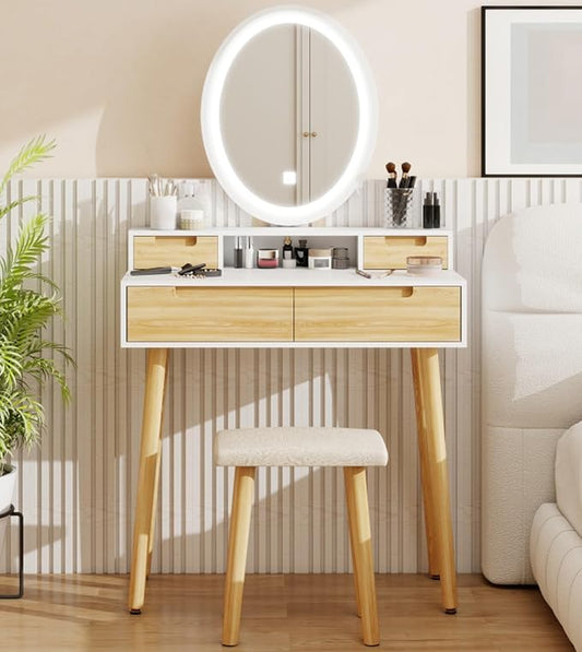YOURLITE Makeup Vanity Desk with Lights, Small Vanity with Adjustable Brightness Mirror for Small Spaces, Dressing Table with Drawers (31.5", Oval Mirror Wood)