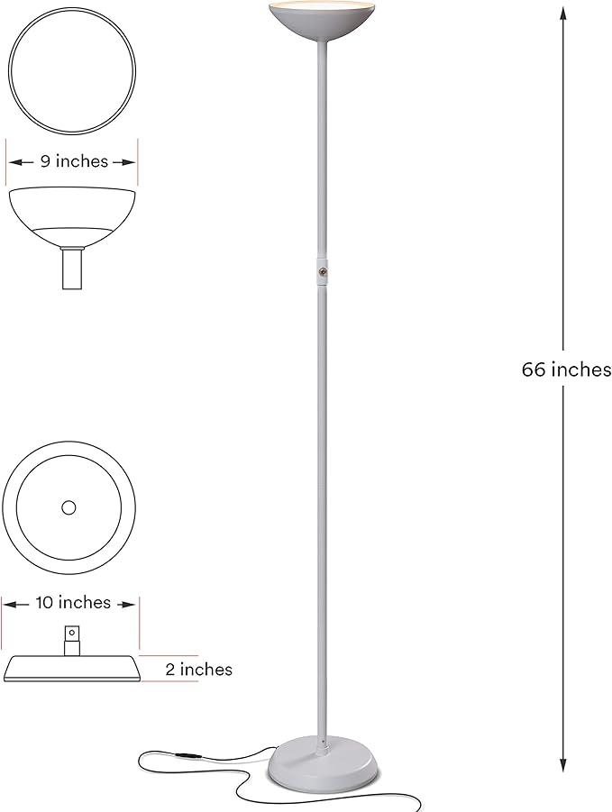 Brightech SkyLite LED Floor lamp, Torchiere Super Bright Floor Lamp for Living Rooms & Offices - 3 Way Dimmable Tall Lamp, High Lumen Standing Pole Lamp for Bedroom Reading - White
