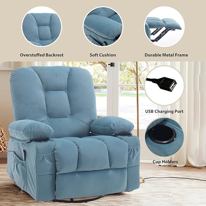 Rocker Recliner Chair for Adults, Recliners with Massage and Heat, Fabric Overstuffed Swivel Glider with Cup Holder Side Pocket, Manual Reclining Sofa Chair for Living Room,Blue