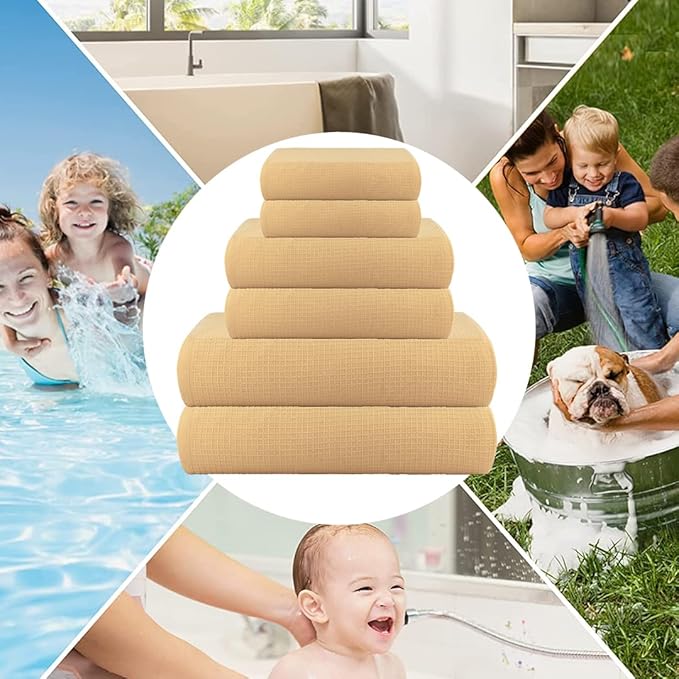 CASA COPENHAGEN Waffle Towel, 6Pieces 100% Cotton Large Towel Set- Beige, 2Bath 2Hand 2Washcloths Instant Absorb and Dry, Soft Strong Towels for Hotel Spa Kitchen Bathroom & Shower