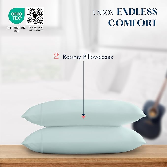 XOOX Linen 100% Cotton Pillowcases King Size Set of 2-500 Thread Count Cotton Pillowcases, Ultra Soft, Breathable, Cooling Pillow Cases for Sleeping, Pillow Covers for King Pillows - Sea Foam