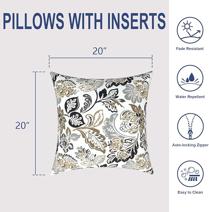 Outdoor Throw Pillows with Inners, All Weather Patio Pillows Set of 2, Square Pillows Decorative for Home Garden Furniture, 20x20 Inch, Dailey Tan