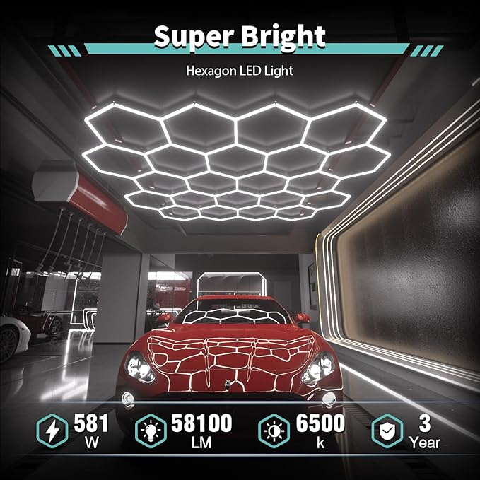 Hexagon Garage Lights: 581W 84 Pack 22 Grids LED Garage Lights - Easy Install 6500K Super Bright Honeycomb Light for Warehouse, Car Detailing Shop, Exhibition Hall, Gym