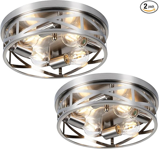 Brushed Nickel Flush Mount Ceiling Light Fixtures,4-Light Modern Hallway Light Fixtures Ceiling, Brushed Nickel Light Fixture Ceiling Mount for Farmhouse,Kitchen, Bedroom 2 Pack