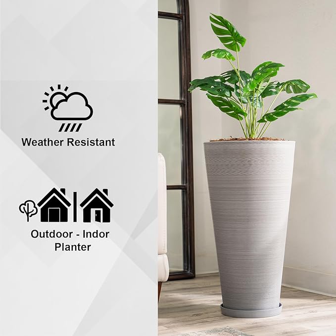 XBrand Modern 28-Inch Tall Round Planter, Modern Tapered Planter Perfect for Indoor & Outdoor Planter, Patio Décor, Set of 2, Gray
