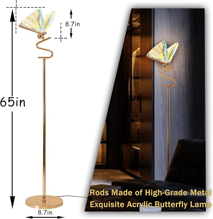 O'NEELDY Floor Lamps for Living Room LED Gold Floor Lamp 65" Tall Modern Floor Lamp with Butterfly Decoration Design,Suitable for Reading,Bedrooms,Offices and Corners