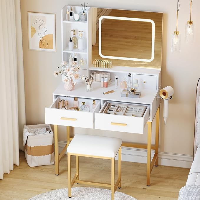 Garvee Vanity Desk, Makeup Vanity Desk with Mirror and Lights 3 Colors, Dressing Table with Chair, Makeup Table Set with 4 Drawers, Power Outlet & Storage Shelves, for Bedroom (White)