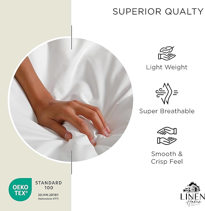 Linen Home 100% Cotton Percale Sheets Twin Size, Cream, Deep Pocket, 3 Pieces Set - 1 Flat, 1 Deep Pocket Fitted Sheet and 1 Pillowcase, Crisp Cool and Strong Bed Linen