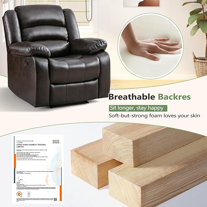 ANJ Manual Recliner Chair Set of 2, Breathable Faux Leather Reclining Chairs with Overstuffed Arm and Back, Living Room Single Sofa Recliners (Dark Brown)