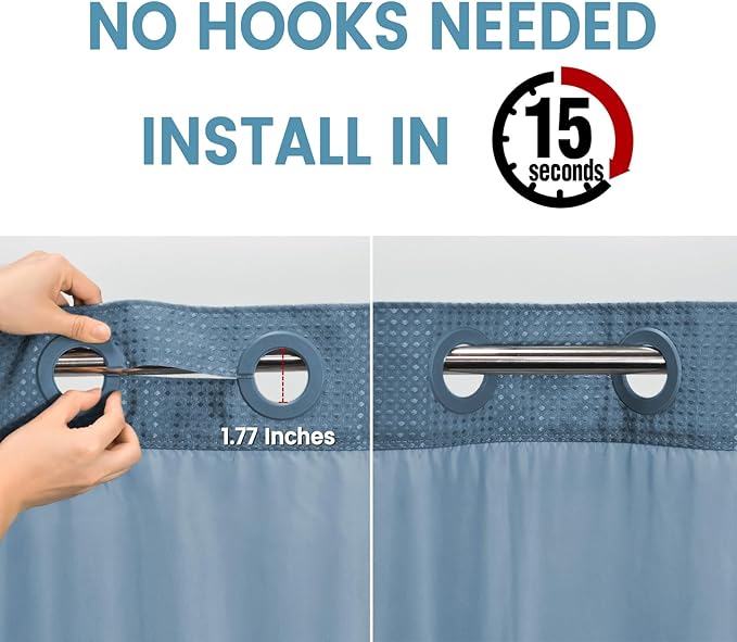 Moonlight Blue Long No Hook Shower Curtain with Snap in Liner,230GSM Waffle Weave Shower Curtains for Bathroom,71W x 86H