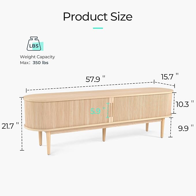 LINSY HOME TV Stand for 65" TV, Mid-Century Modern 58" Entertainment Center with Sliding Tambour Door and Storage Cabinet, Cruved TV Media Console Table for Living Room, Bedroom, Oak