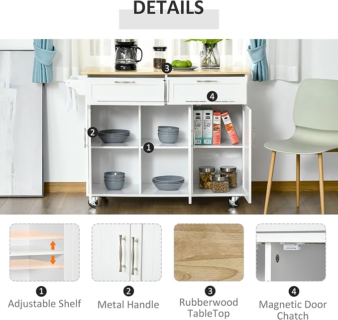 HOMCOM Mobile Kitchen Island with Storage, Kitchen Cart with Wood Top, Storage Drawers, 3-Door Cabinets, Adjustable Shelves and Towel Rack, White