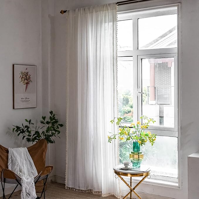 Boho Curtains Embroidery Linen Curtains 108 Inches Long 2 Pannels for Bedroom Off White Country Farmhouse Curtains Light Filtering Curtains for Living Room Rod Pocket Drapes(52" W x 108" L,White)