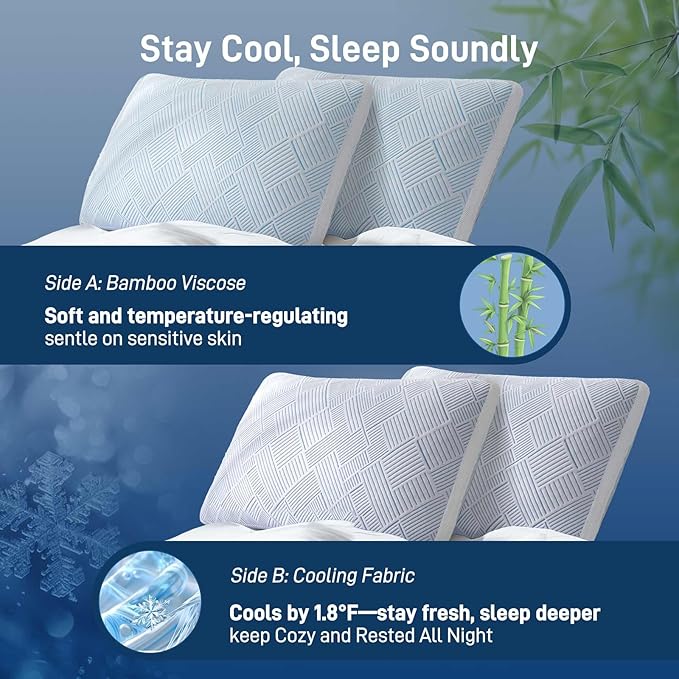 Shredded Memory Foam Cooling Soft Bamboo Viscose Pillows Queen Size Set of 2, Adjustable Hypoallergenic Hotel Quality Bed Pillows for Side, Stomach or Back Sleeper, Oeko-TEX Certified