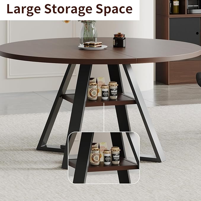 45.3" Walnut Round Dining Table Set with 2 Chairs – Mid-Century Modern Small-Space Kitchen & Dining Room Furniture for Apartment or Breakfast Nook (Walnut – Storage Table + 2 Black Chairs)