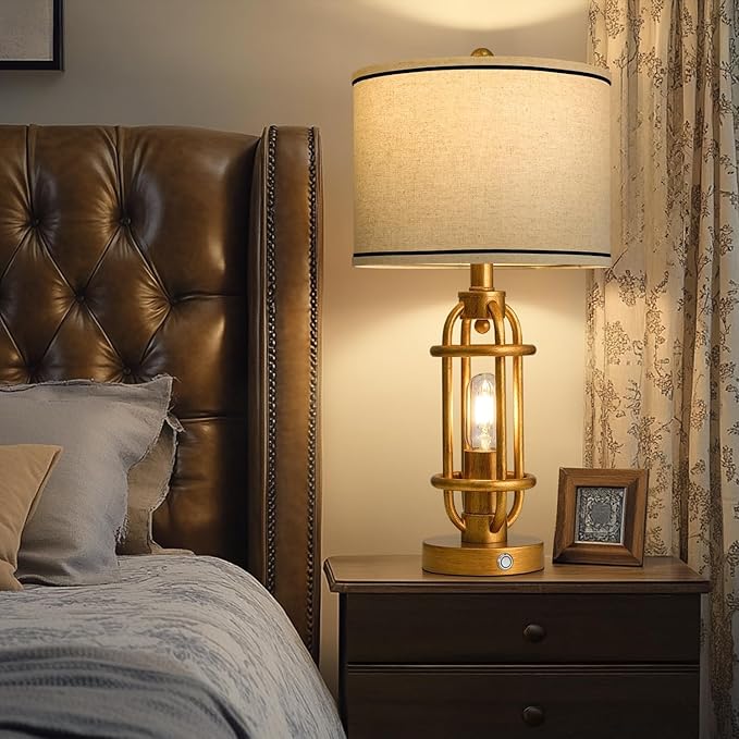 23.75'' Table Lamps Set of 2 for Living Room Bedroom Industrial Farmhouse Metal Touch Lamps with USB A+C Ports, Night Light Vintage Nightstand Bedside Lamp, Bulbs Included, Antique Gold