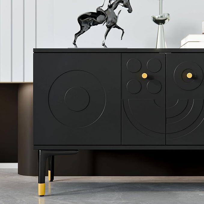 78.7'' W TV Table Stand with Storage, Mid-Century Modren Under TV Cabinet with 4 Doors, Farmhouse Entertainment Media Center with Storage for Living Room, Entryway, Office Furniture, Black