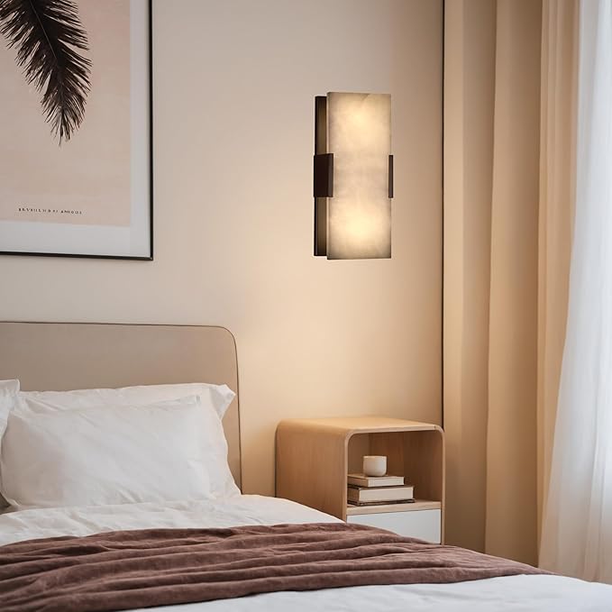 Doraimi Lighting 2 Light 12" Natural Square Alabaster Marble Bathroom Wall Sconce Modern Concise Style Wall Light Fixture,Oil Rubbed Bronze Finish for Bedroom Hallway Bedside Living Room