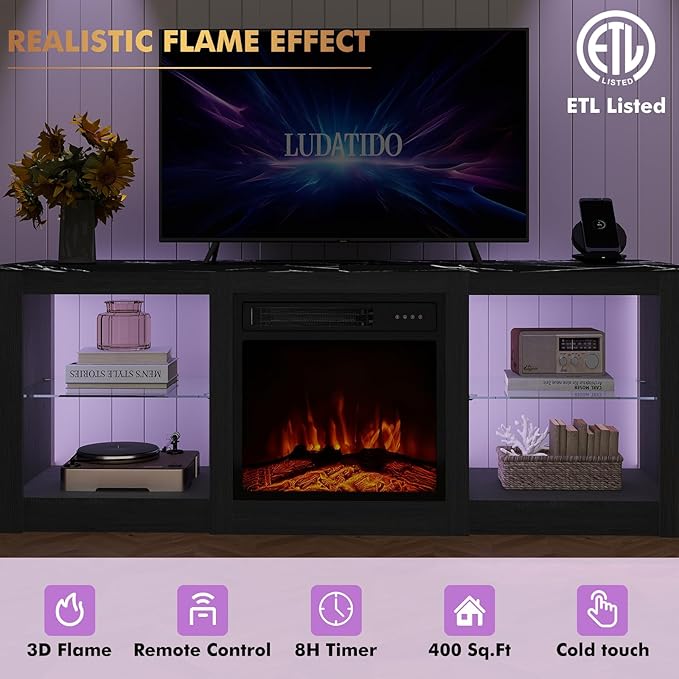 Ludatido 58 Inch TV Stand with 18 inch Fireplace Insert LED Light Entertainment Center Electric Fireplace TV Stand with USB&AC Power Interface for Living Room/Bedroom/Media Room Use(Black)