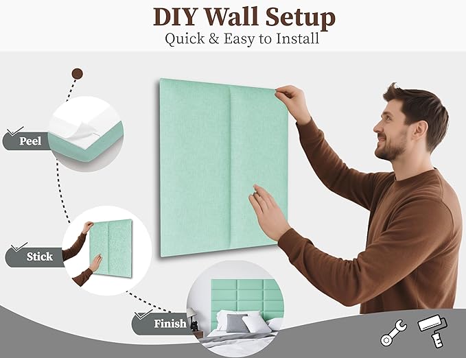 Peel and Stick Wall Panels, 9-Pack Upholstered Tufted Headboard for Queen Size,Wall Mounted Bed Headboard for Adjustable Bed Frame,10"x24",Light Green