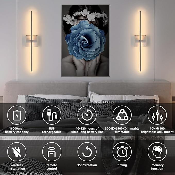 Battery Operated Wall Sconces Set of 2, Brushed Nickel Rechargeable LED Wall Sconce with Remote Control, 3000K-6000K Dimmable Wireless Wall Light for Living room Hallway Bedroom Stairs, 23.6 Inch